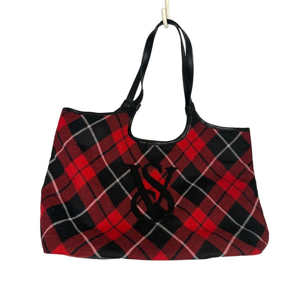 Victoria’s Secret Argyle Plaid Red Black Shopper Tote Bag VS Logo 15×11×5